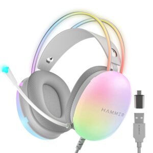 HAMMER Blaze Wired Over Ear Gaming Headphones with Mic, 50mm Drivers, Full RGB Lights, Gaming Headset with Adjustable Bands, Breathable earcushion, 1.5Mtr Wire with USB (Cyan)
